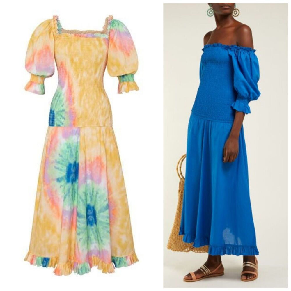 Rhode Eva Rainbow Tie Dye Smocked Off Shoulder Maxi Dress $525 Small